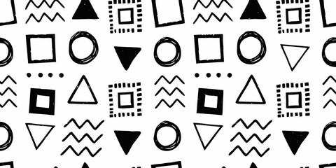 Abstract black and white geometric pattern with various shapes and lines