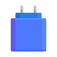 Obraz premium A flat-design, geometric representation of an electrical charger with two prongs and a rectangular body. It's colored blue with gray pins