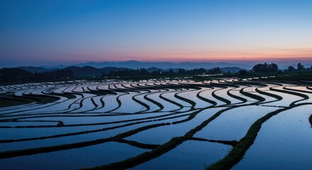 A serene sunrise over terraced rice paddies