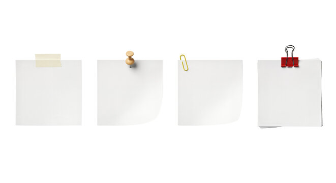 Set of 4 Blank White Square Sticky Notes with Clips and Tape Mockup