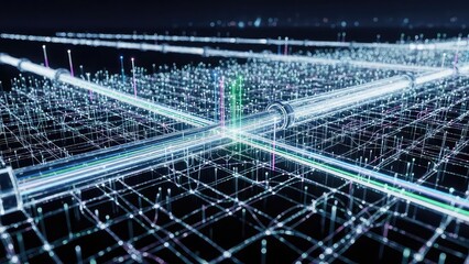Futuristic grid network with glowing lines and nodes in a dark background, showcasing a complex digital infrastructure with a central connection point