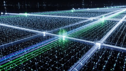 Glowing neon grid with intersecting lines and dots creating a futuristic digital landscape with vibrant green blue and white hues in a dark background