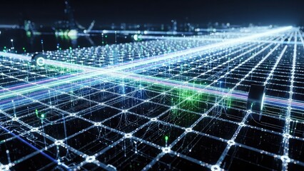 Futuristic grid landscape with glowing blue lines and nodes on black background, creating a cyberpunk ambiance with digital network connections