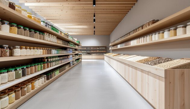 A well-organized store interior with wooden shelves stocked with various jars and containers on a clean floor, evoking a sense of Christmas shopping in a modern, minimalist setting.