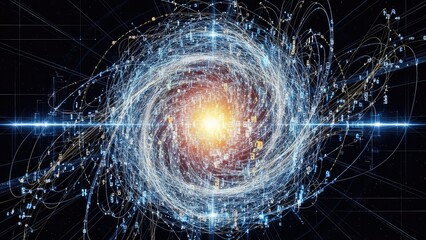 Vibrant digital artwork of a swirling galaxy with bright light trails on black background, conveying futuristic technology and space exploration concepts