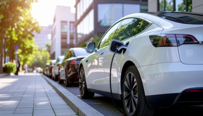 Naklejka premium Electric Car Charging on City Street: An electric car charges in a modern cityscape, symbolizing eco-friendly transport amid urban life, with a blurred background showing the vibrant city environment.