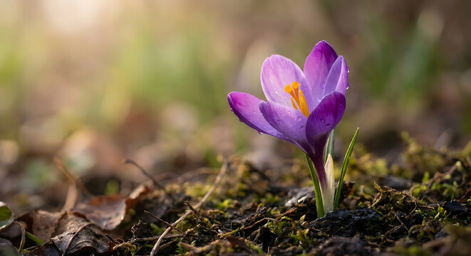 Crocus morado con gotas de roc&iacute;o