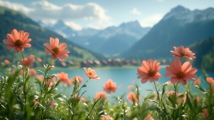 Peachy flowers bloom by a tranquil lake, mountains in the background