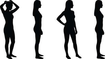 Female body silhouettes in different standing poses, elegant woman profile figures isolated on white background illustration