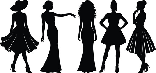 Elegant women fashion silhouettes wearing dresses and hats, stylish female figures posing isolated on white background illustration