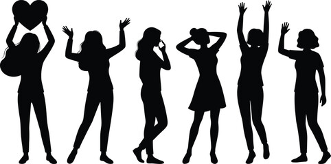 Happy women silhouettes expressing emotions and gestures, joyful female figures celebrating freedom isolated on white background illustration