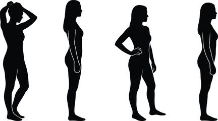 Female body silhouettes in multiple standing poses, natural woman figure profiles isolated on white background illustration