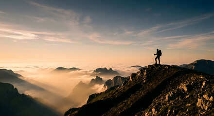 Excursionista en la cima de la monta&ntilde;a al amanecer
