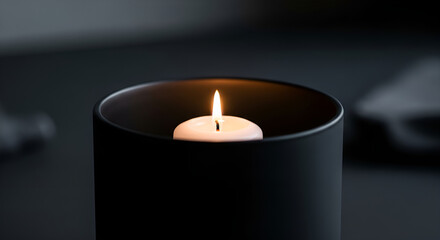 Minimalist still life of a small lit candle offering a gentle, warm glow, symbolizing peace, hope, and tranquility in the darkness