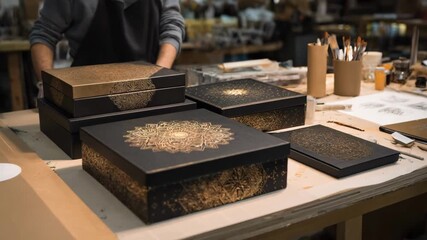 Crafting exclusive box set packaging with intricate designs and premium materials emphasizing collector appeal and artistic presentation in a creative studio environment.