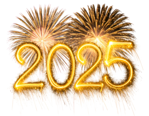 2025 illuminated numbers with golden sparkles and exploding fireworks