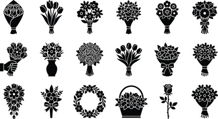 Flower bouquet and floral arrangement silhouette icon set. Hand holding bunch of roses, tulips in vase, and spring blossom symbols for wedding valentine gift vector collection design element art.  © ArtMint