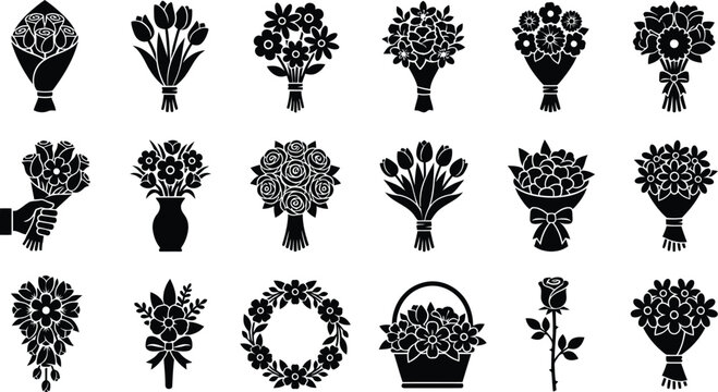 Flower bouquet and floral arrangement silhouette icon set. Hand holding bunch of roses, tulips in vase, and spring blossom symbols for wedding valentine gift vector collection design element art.
