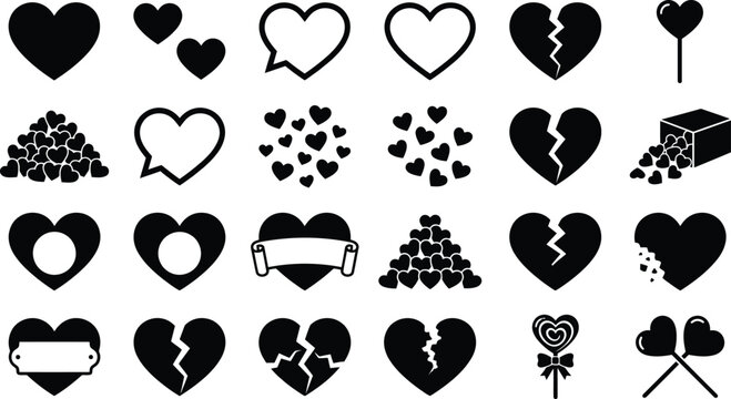 Heart shape silhouette icon set. Broken love symbol, speech bubble, pile of hearts, sweet lollipop candy, and bitten cookie signs for valentine day graphic vector collection design element art.

