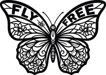 Butterfly insect with floral wings vector illustration with Fly Free text for nature designs on a transparent background.