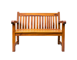 Classic wooden outdoor garden bench with slatted back and seat, isolated