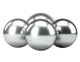 Cluster of four shiny, reflective silver spheres