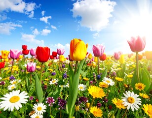 Colorful spring meadow with blooming tulips and daisies under bright blue sky
