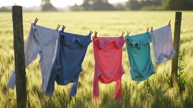Colorful laundry hangs on a clothesline in a sunlit field of tall grass. The clothes are held by clothespins. A gentle breeze is present