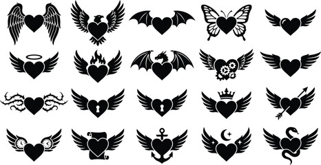 heart, wing, wings, winged, icon, set, silhouette, angel, devil, bird, eagle, bat, butterfly, flying, tattoo, gothic, tribal, vintage, retro, biker, rock, fire, flame, crown, king, gear, steampunk, me © ArtMint