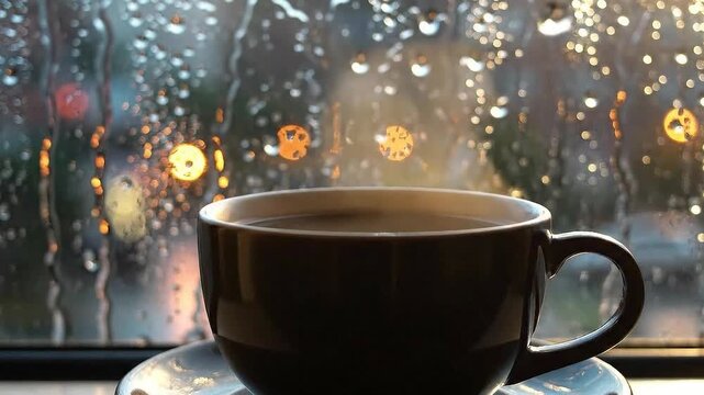 Steaming cup of coffee on a rainy day cozy atmosphere with water droplets on window bokeh lights background.
