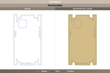 Mobile phone case dieline created with vector detail enhancing printing surface packaging accuracy die line contour defines neat boundary maintaining reliable fit integrity