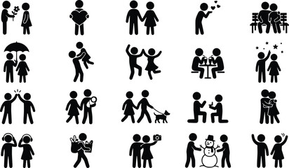Dating relationship and seasonal activity black glyph icons. Couple taking selfie, dancing, shopping together, and walking in rain symbols for love story graphic vector set illustration design.