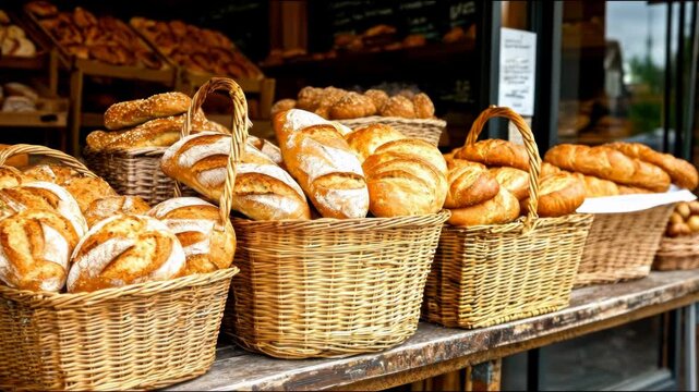 A bakery display presents an array of freshly baked loaves in wicker baskets. Shelves in the background hold more bread