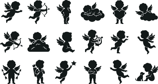 Romantic love god and baby angel black glyph icons. Amour character blowing kiss, carrying arrow quiver, and cute mythological figure symbols for holiday greeting card graphic vector set art.
