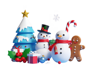 Winter holiday, New Year, Christmas concept, elements snowflake, Christmas tree, ball, snowman, holly berry, gingerbread man, caramel cane, gift box on blue background. 3d rendering. Banner, header