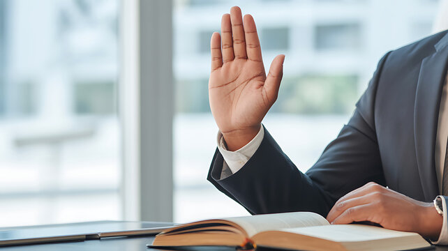 A professional figure in a tailored suit taking a solemn oath with a raised hand over a weighty book, symbolizing commitment, integrity, responsibility, and formal authority.