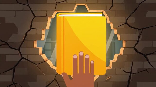 Education Concept: Book Breaking Through Brick Wall with Math Symbols