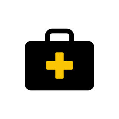Essential medical first aid kit icon in a sleek black design with a vibrant yellow cross, representing health, safety, and emergency response solutions