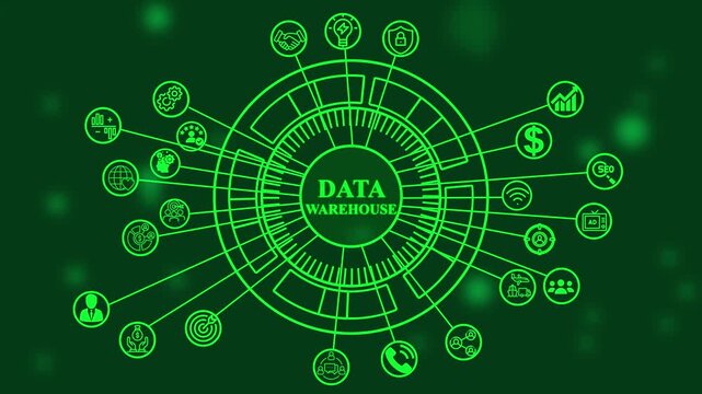 Data warehouse concept with interconnected business and technology icons in green neon style on dark background