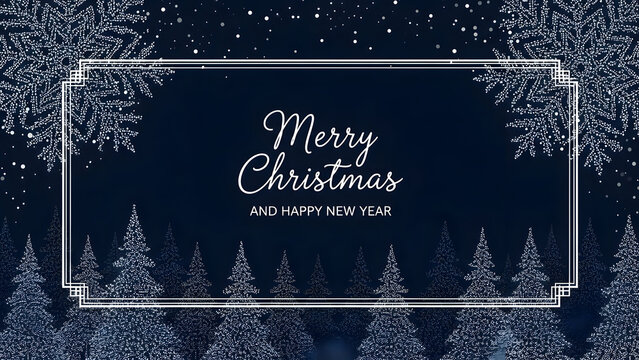 Merry christmas and happy new year snowflakes and trees on dark blue background