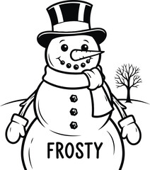 Frosty typography with snowman drinking beer icon for winter logo, black and white vector holiday badge, funny christmas emblem and isolated festive graphic illustration