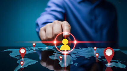 Hand interacting with global map and targeted user icon symbolizing geolocation and audience targeting
