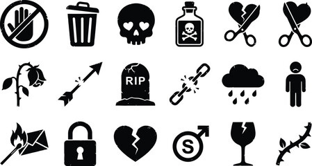 Anti valentine day and breakup silhouette icon set. Broken heart, poison bottle, skull, wilted rose, and scissors cutting love symbols for divorce separation vector collection design element art.