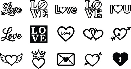 Romantic love typography and text silhouette icon set. Calligraphy script font, i love you phrase, and bold letter words symbols for valentine day wedding greeting card vector collection design.  © ArtMint
