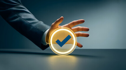 Businessperson holding glowing checkmark icon symbolizing approval, confirmation, and quality assurance

