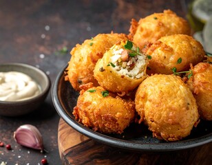 Close-up of golden-brown fried food, presented on a dark plate