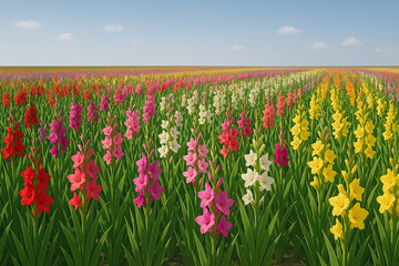 Obraz premium A panoramic field of gladiolus in full bloom, sunny day.