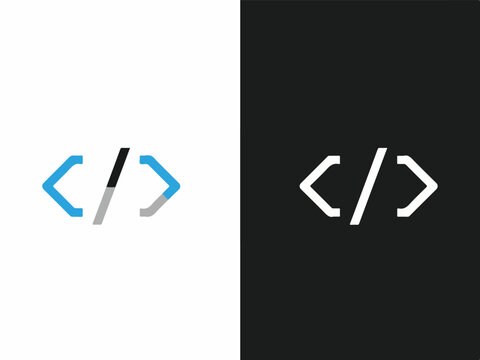 Code Icon:  A minimalistic, modern design featuring code symbols on both light and dark background , representing innovation and digital solutions.