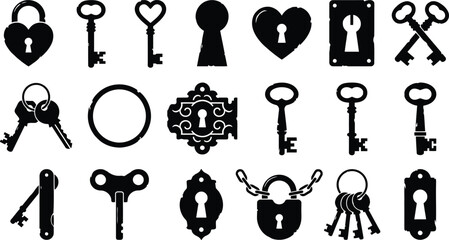 Vintage skeleton key and padlock silhouette icon set. Antique ornamental door lock, heart shape love security, and secret safe opener symbols for retro mystery vector collection design element.