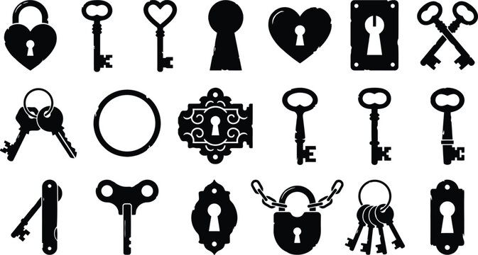 Vintage skeleton key and padlock silhouette icon set. Antique ornamental door lock, heart shape love security, and secret safe opener symbols for retro mystery vector collection design element.